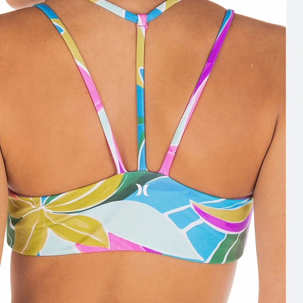 Hurley Tropical Floral Bikini Top in Pink, Orange, Blue, Green